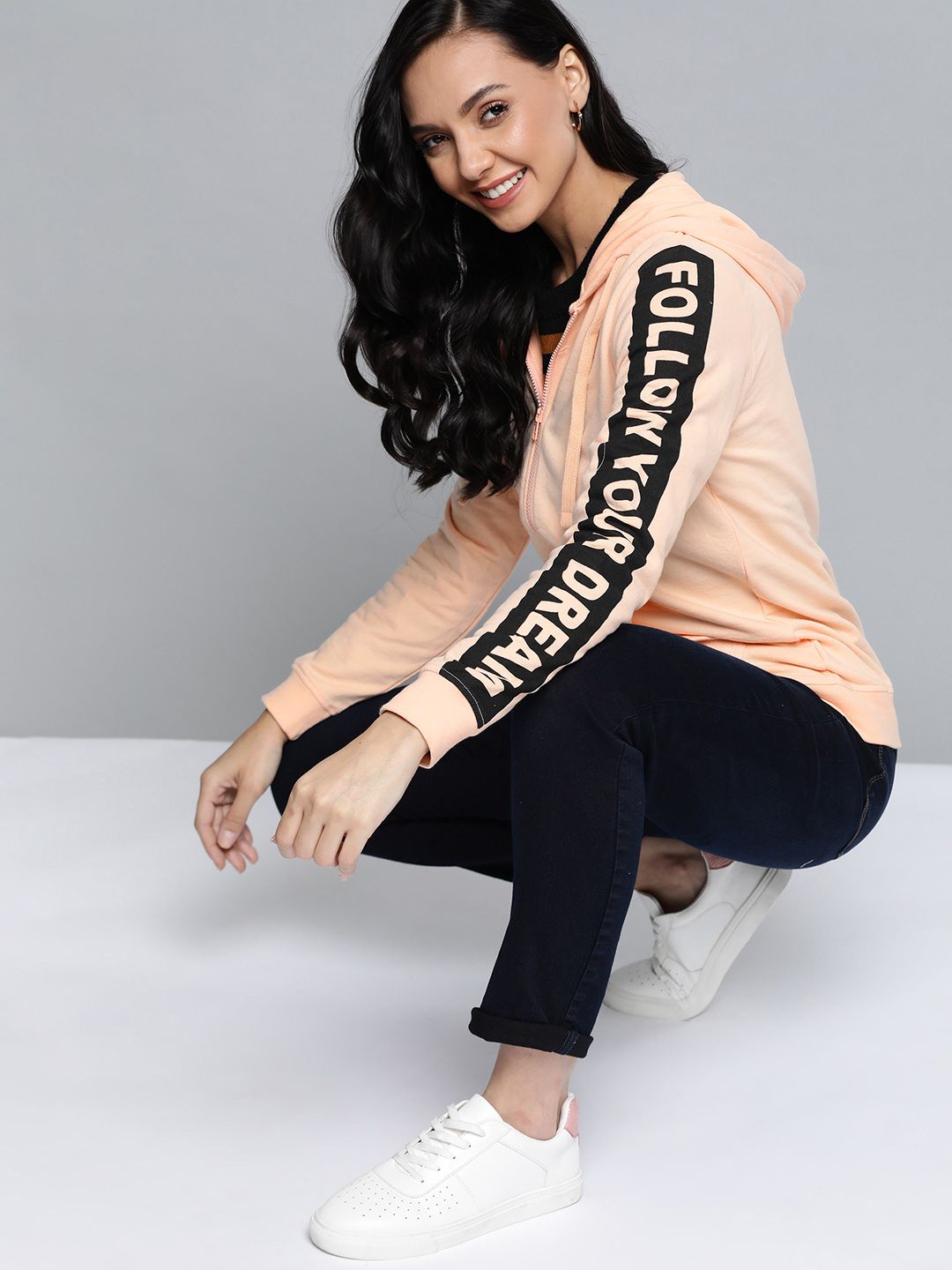 HERE&NOW Women Peach-Coloured Solid Hooded Sweatshirt Price in India