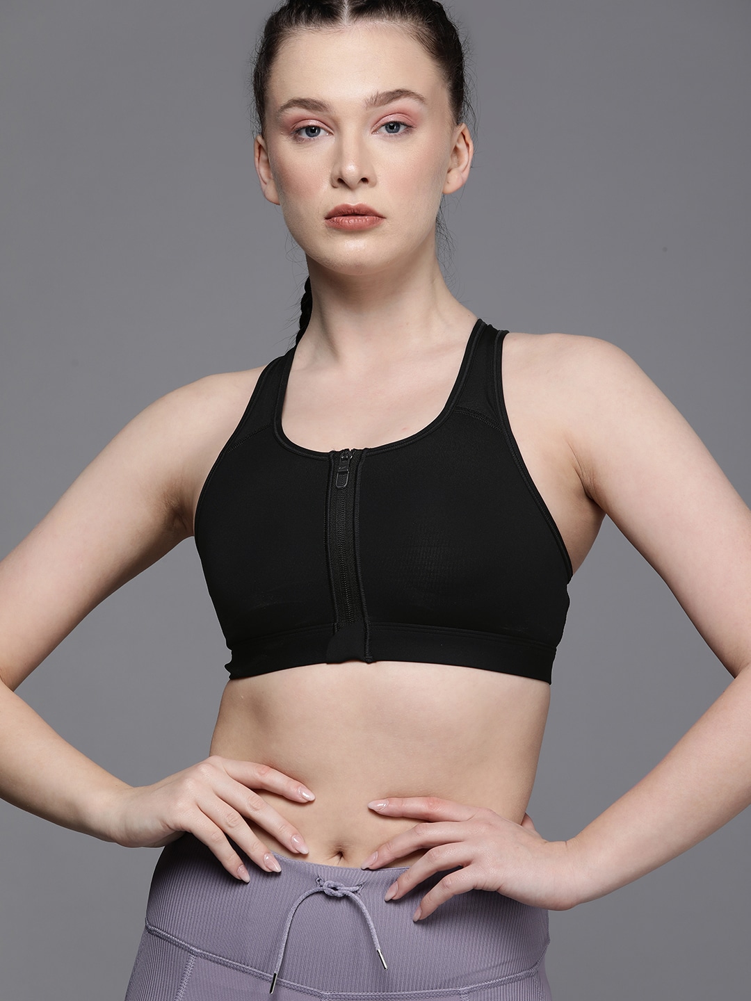 Nike Black Dri-FIT Swoosh Zip-Front Medium-Support Workout Bra - Lightly Padded Price in India