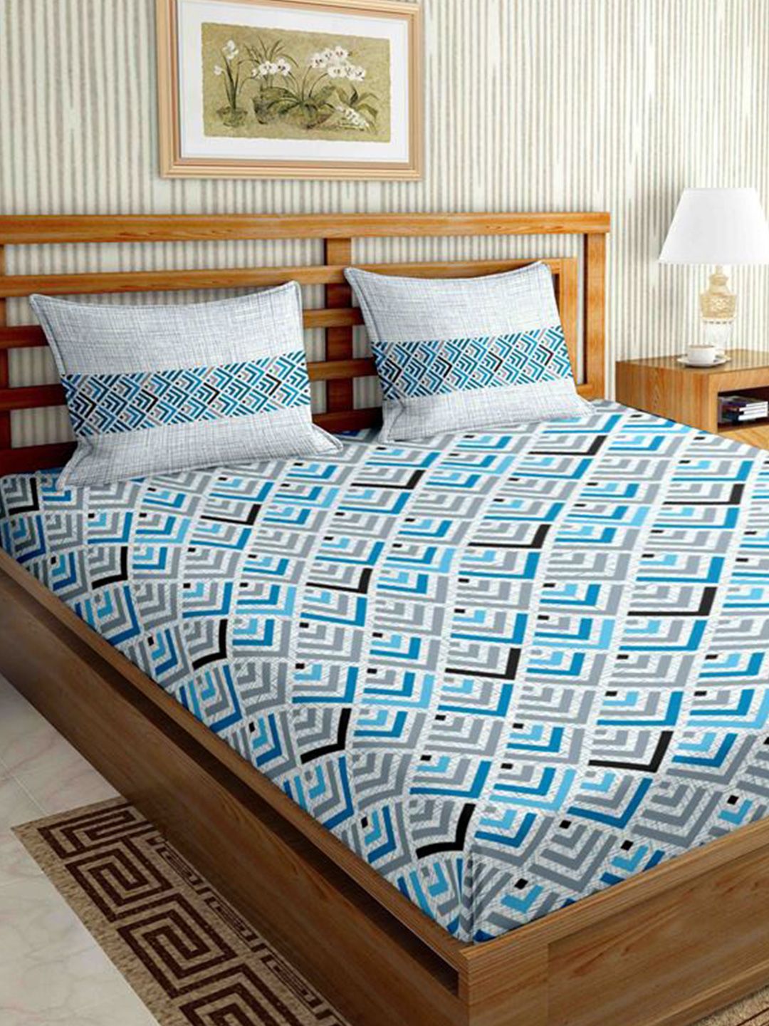 BELLA CASA Blue & Grey Geometric 160 TC King Bedsheet with 2 Pillow Covers Price in India