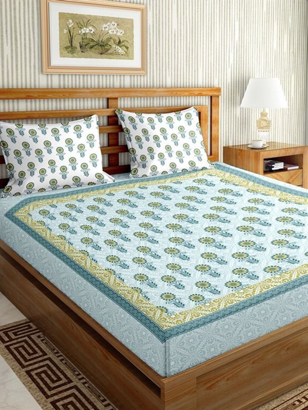 BELLA CASA Blue & White Ethnic Motifs 144 TC Cotton King Bedsheet with 2 Pillow Covers Price in India