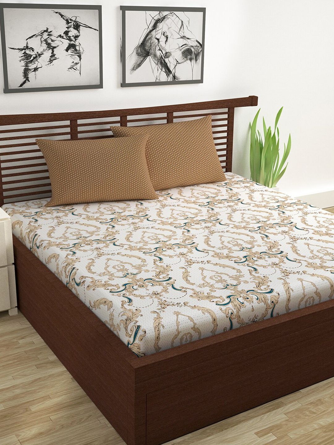 Divine Casa White & Beige Ethnic Motifs 144 TC Queen Bedsheet with 2 Pillow Covers Price in India
