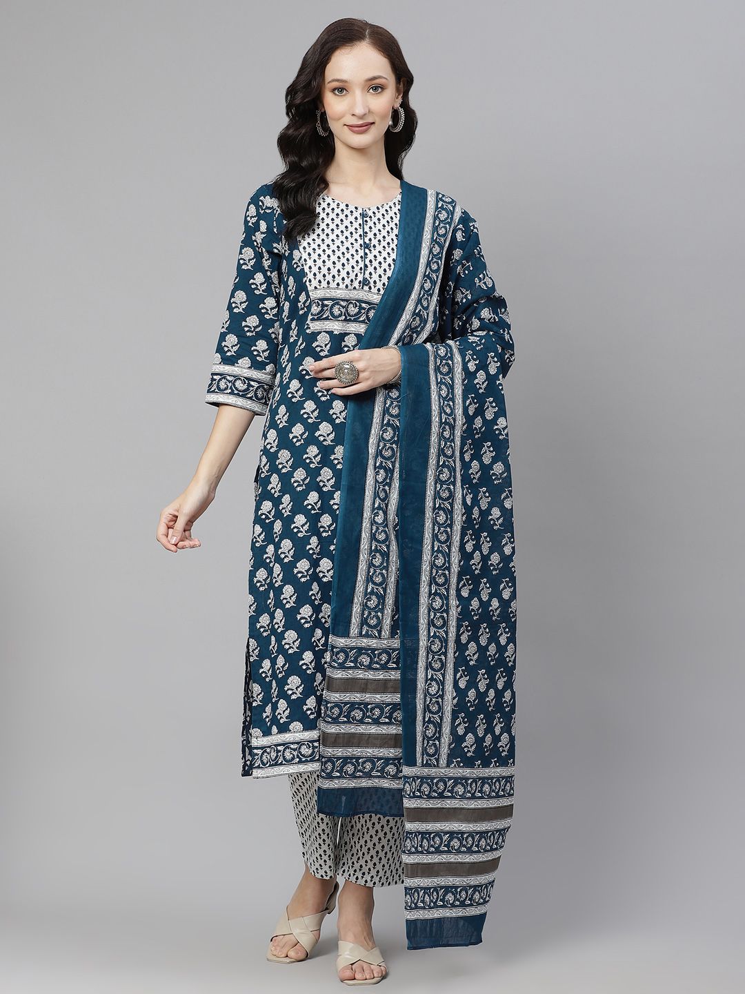 Yuris Women Blue & White Ethnic Motifs Print Pure Cotton Kurta with Trousers & Dupatta Price in India