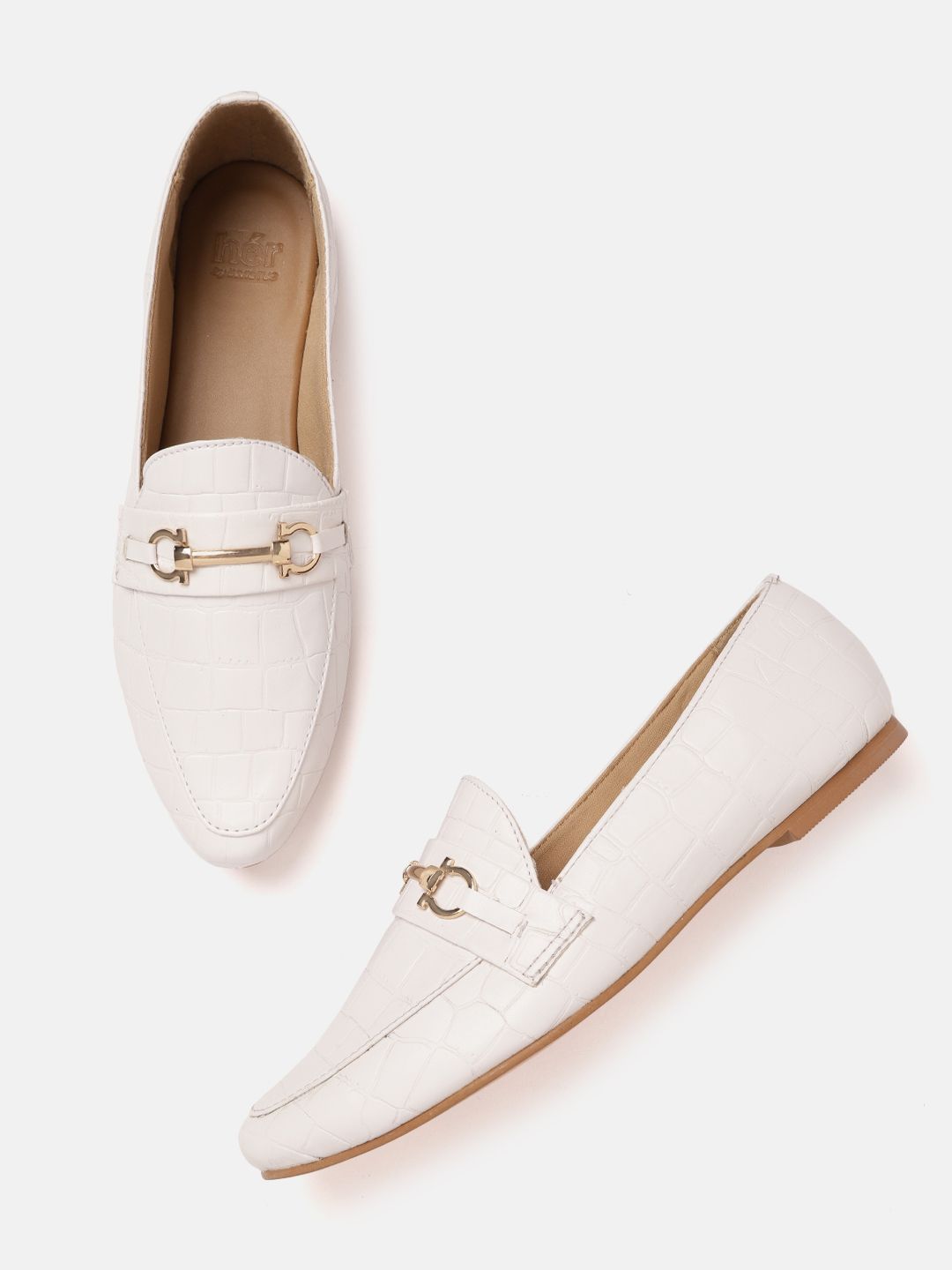 her by invictus Women White Croc Textured Loafers Price in India