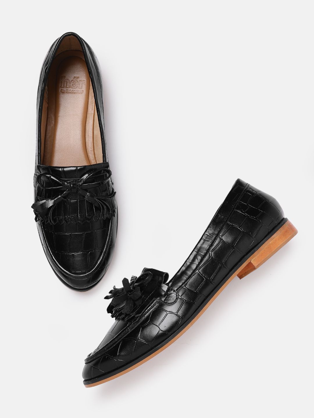 her by invictus Women Black Crocs Textured Loafers with Tassels Price in India
