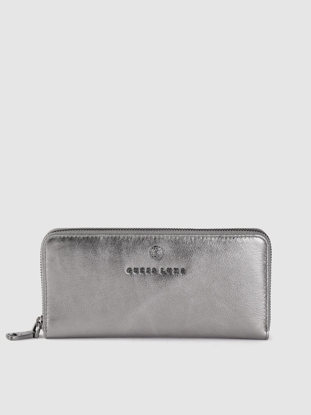 GUESS Women Silver-Toned Solid Zip Around Wallet Price in India