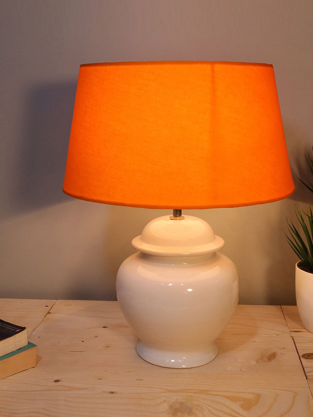 Homesake Orange & White Contemporary Ceramic Pot Shaped Handcrafted Table Lamp with Shade Price in India