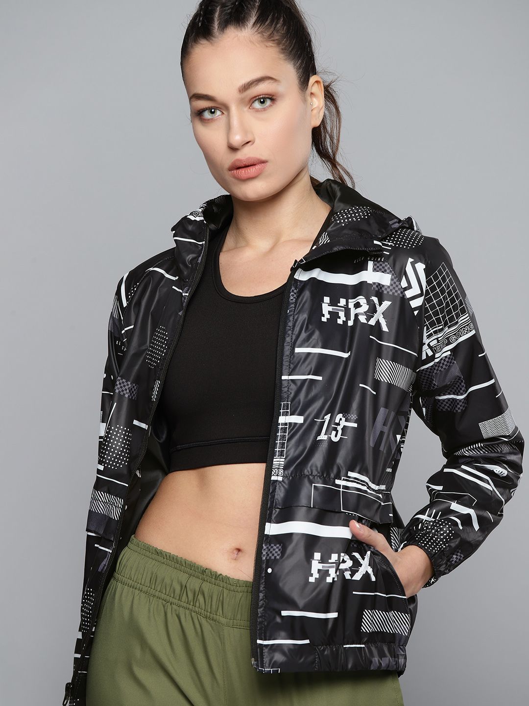 HRX by Hrithik Roshan Women Black & White Printed Hooded Sporty Jacket Price in India