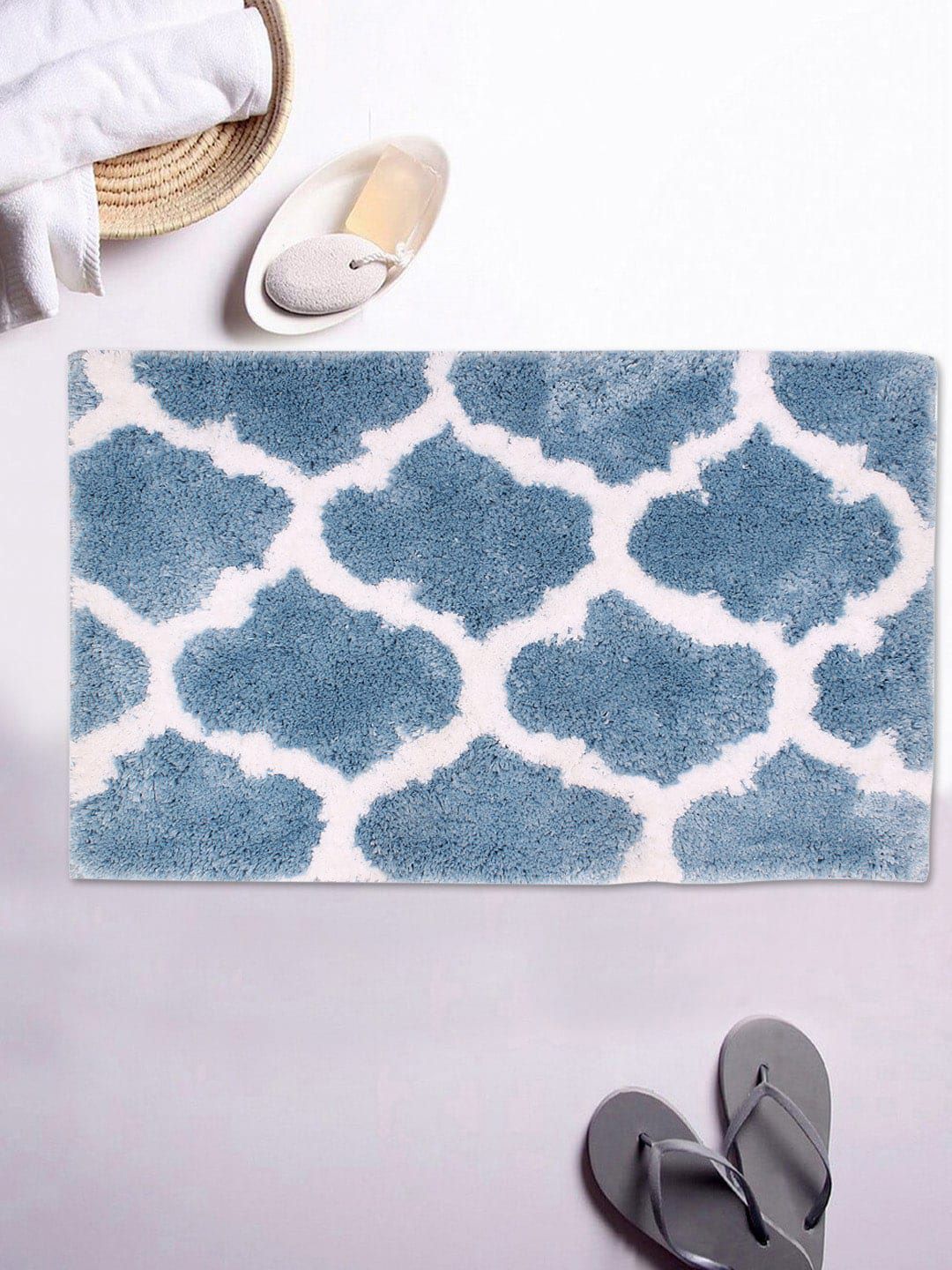 AVI Living Blue & White Ethnic Motif 2600 GSM Anti-Slip Bath Rug Price in India