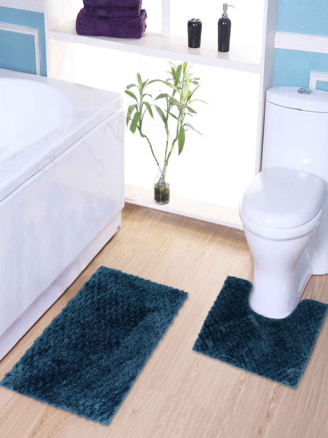 AVI Living Teal Blue Set Of 2 Solid 2000 GSM Shaggy Bath & Toilet Rug Price in India