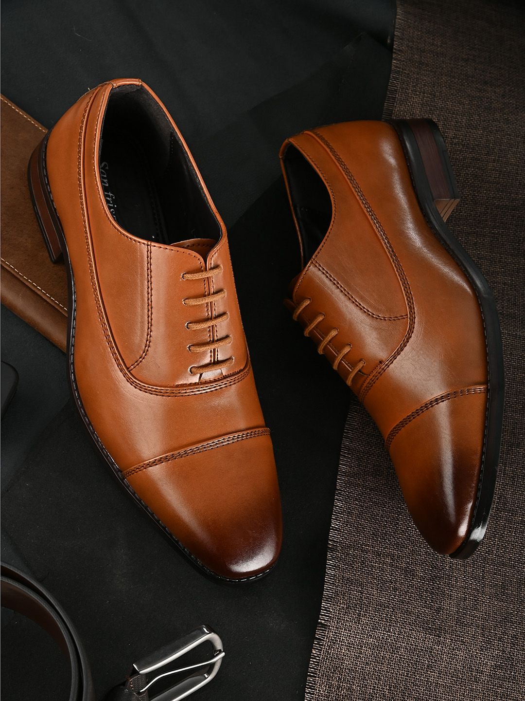 San Frissco Men Tan Solid Formal Office Wear Comfortable Laceup Derby Shoes