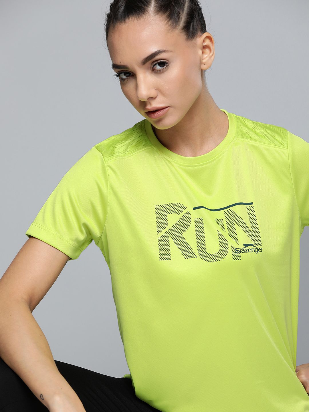 Slazenger Women Fluorescent Green Brand Logo Printed Running T-shirt Price in India