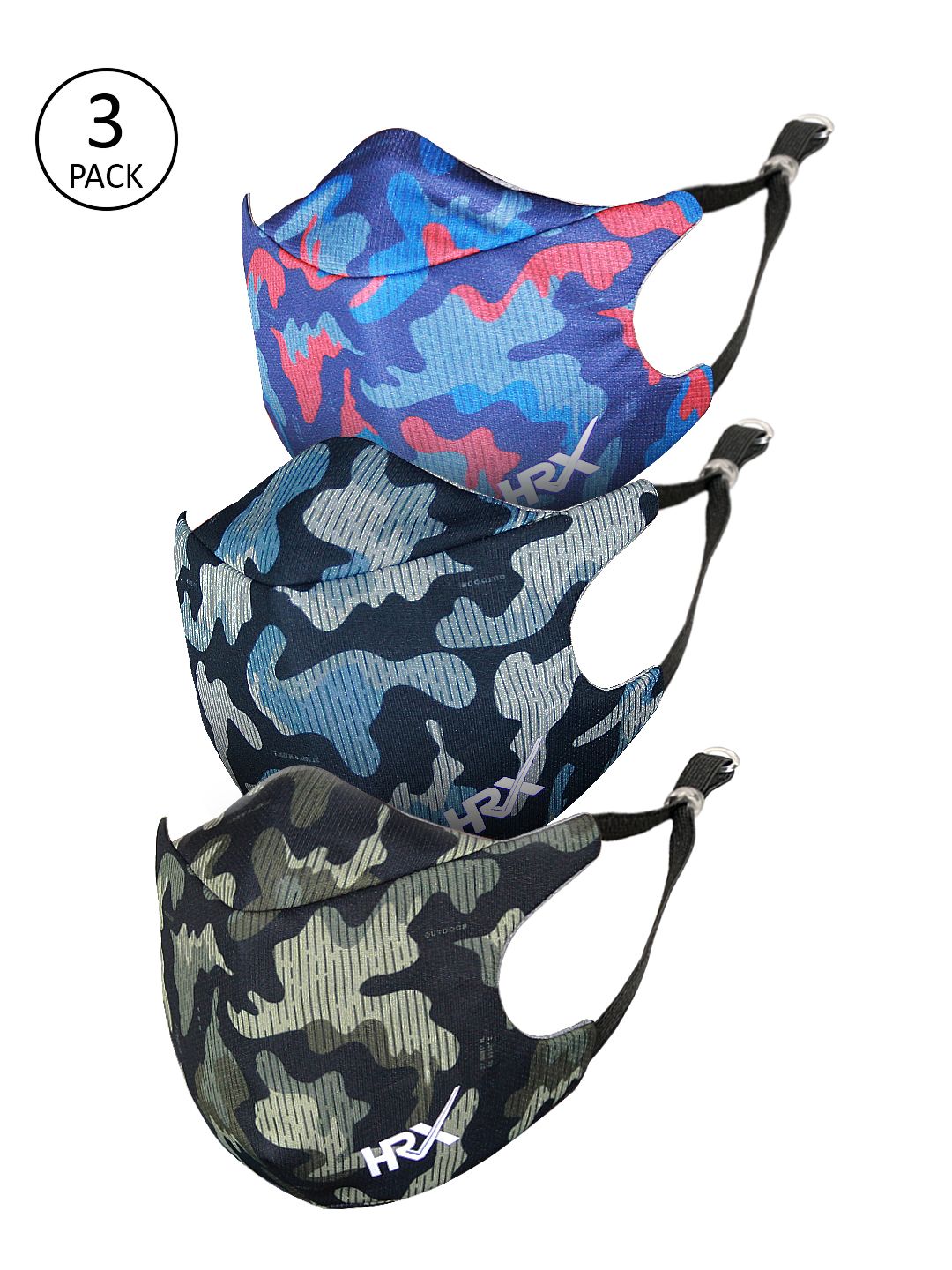 HRX by Hrithik Roshan Unisex Pack of 3 Camouflage Print 4-Ply Reusable Outdoor Cloth Masks Price in India