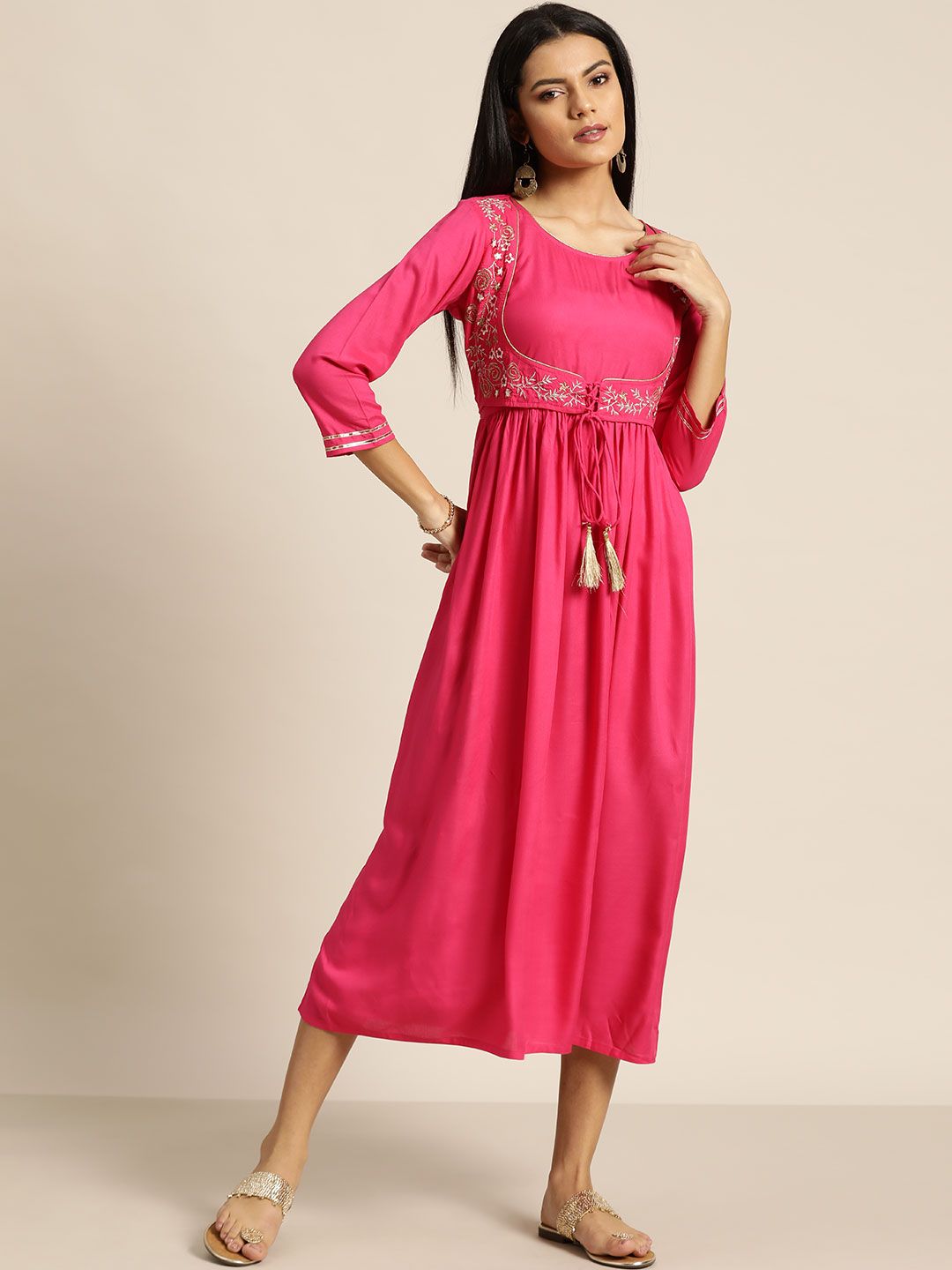 Shae by SASSAFRAS Pink Zari Embroidered Detail Layered Liva A-Line Midi Dress Price in India