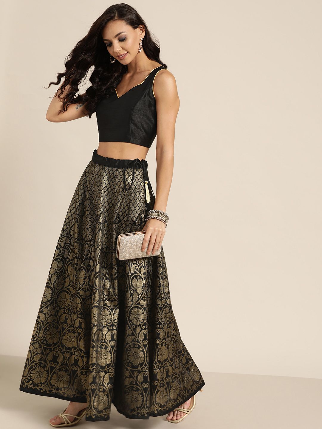 Shae by SASSAFRAS Women Black & Golden Foil Printed Ethnic Flared Maxi Skirt Price in India