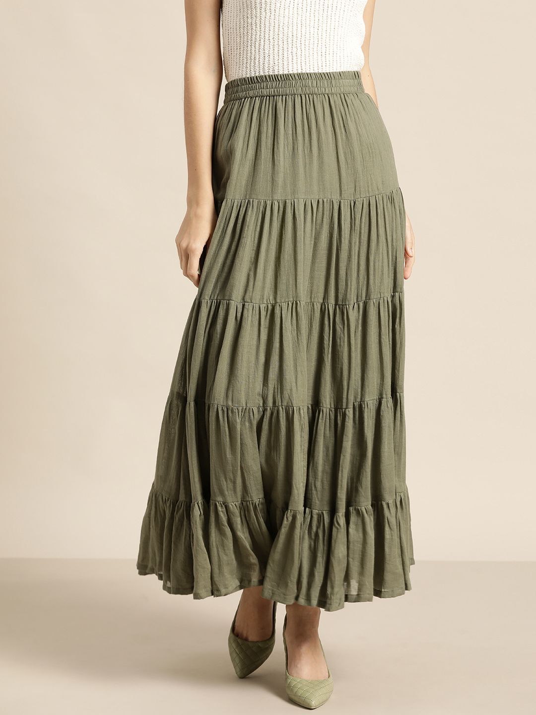 Shae by SASSAFRAS Women Olive Green Solid Crinkled Pure Cotton Tiered Maxi Skirt