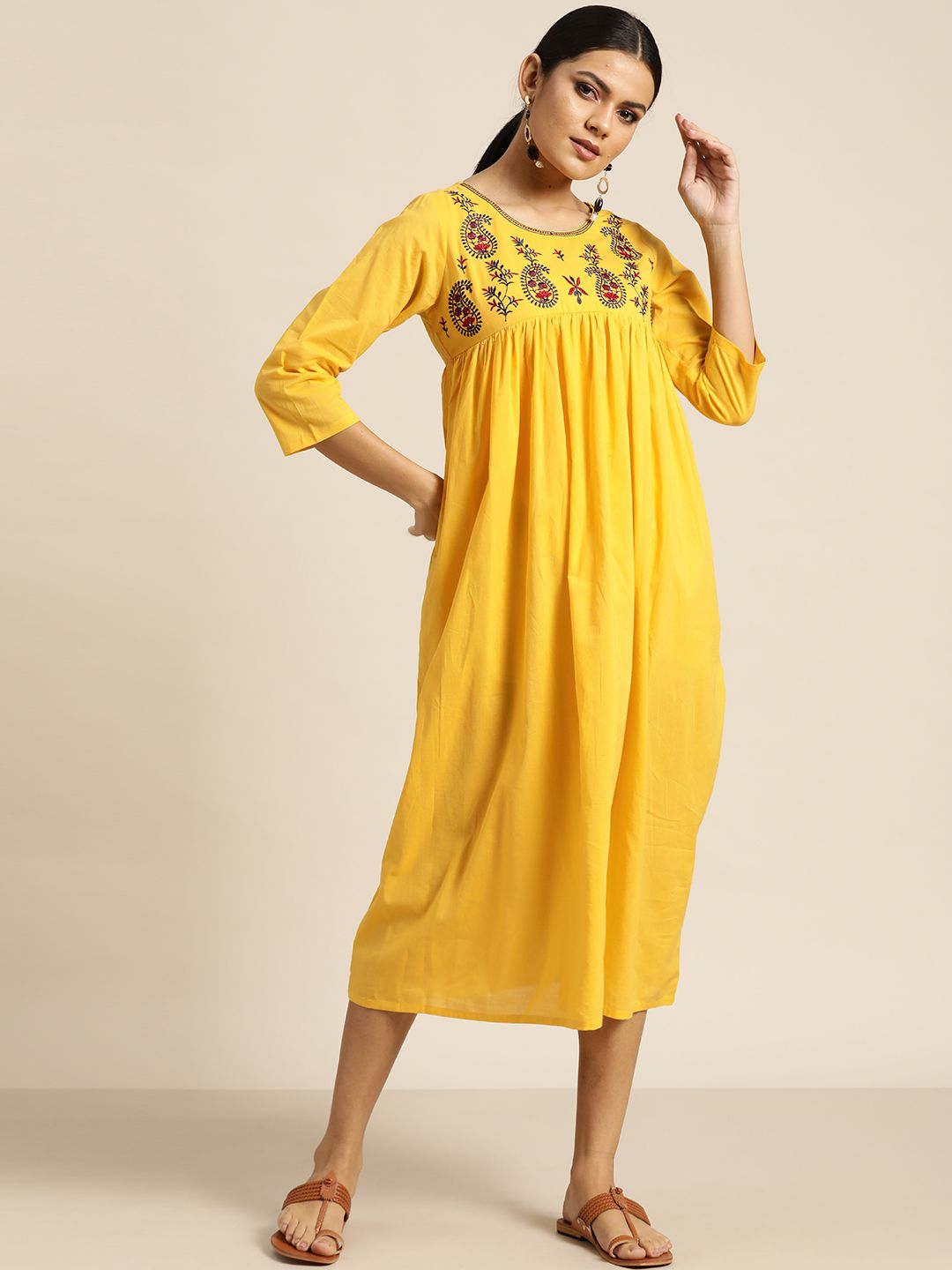 Shae by SASSAFRAS Mustard Yellow & Maroon Embroidered Pure Cotton Ethnic Empire Dress Price in India