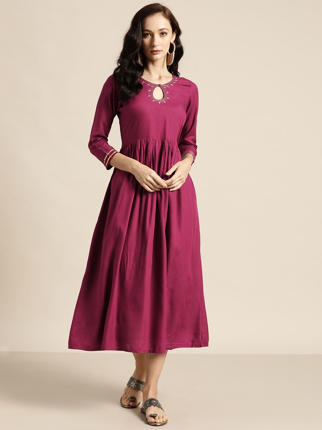 Shae by SASSAFRAS Magenta Keyhole Neck Liva Ethnic A-Line Midi Dress