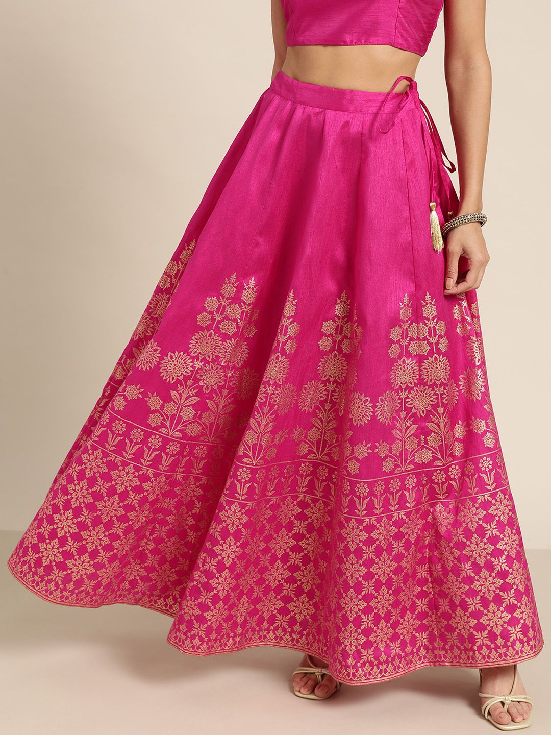 Shae by SASSAFRAS Pink & Golden Foil Print Flared Maxi Skirt Price in India