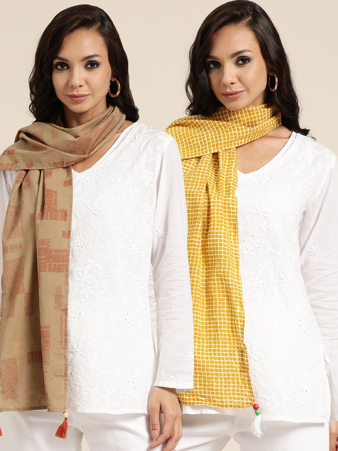 Shae by SASSAFRAS Women Pack of 2 Brown & Mustard Printed Stole Price in India