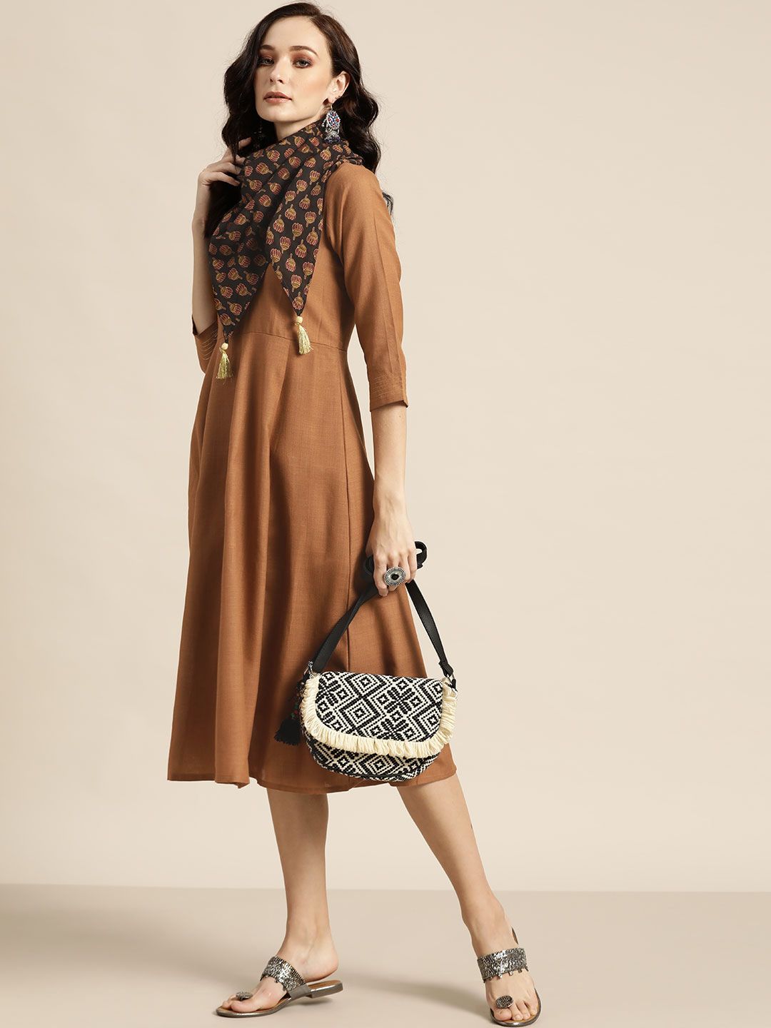 Shae by SASSAFRAS Brown A-Line Dress With Printed Scarf Price in India