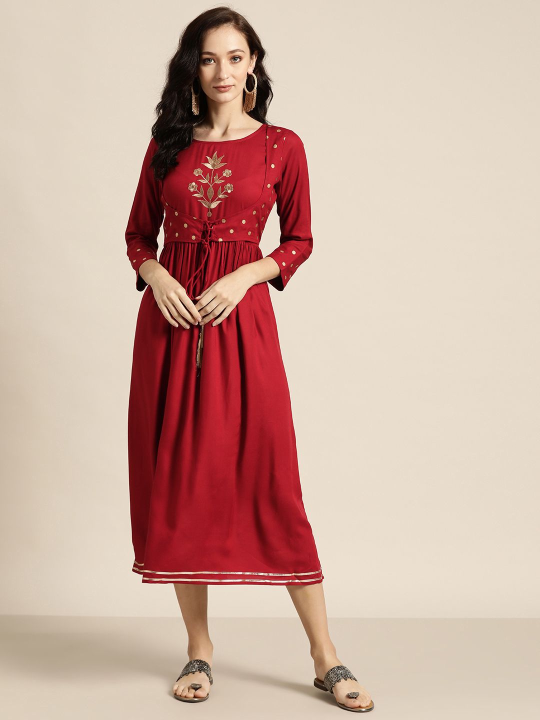 Shae by SASSAFRAS Maroon & Golden Embroidered Liva Ethnic A-Line Dress Price in India