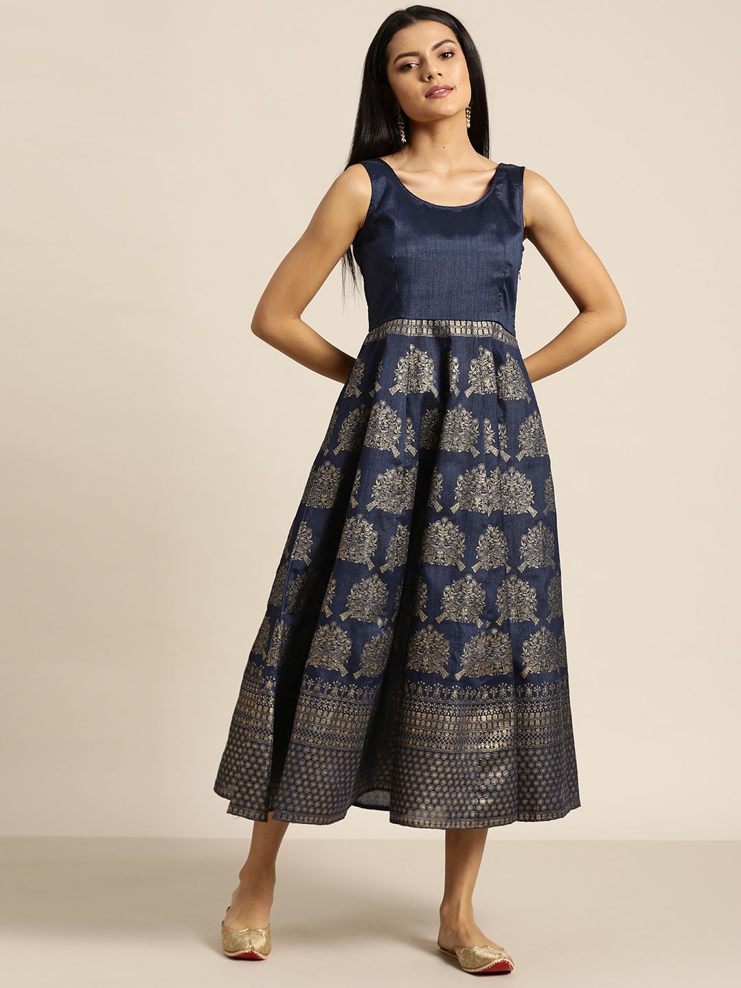 Shae by SASSAFRAS Navy Blue & Golden Foil Print Sleeveless Midi Ethnic Dress Price in India
