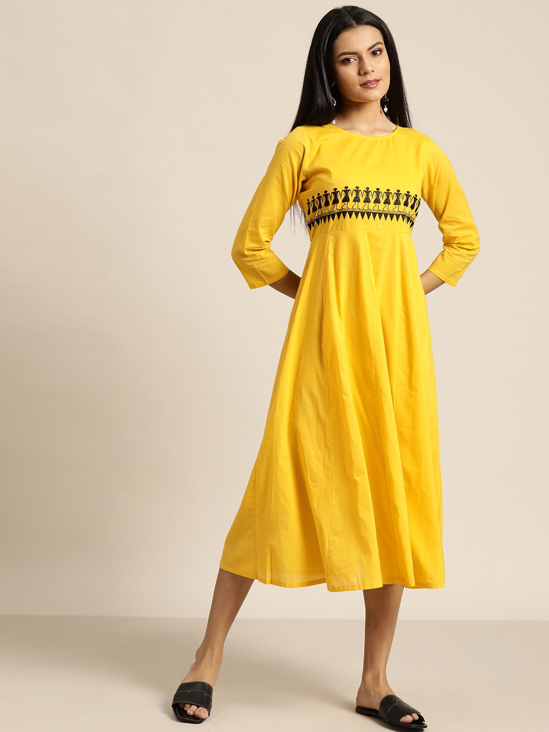 Shae by SASSAFRAS Yellow Tribal Embroidered A-Line Cotton Midi Dress Price in India