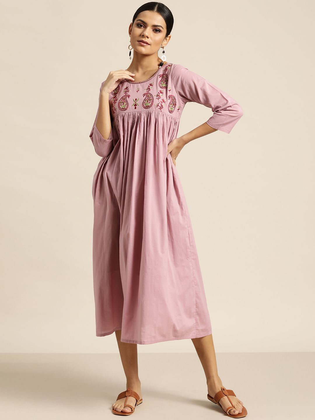 Shae by SASSAFRAS Mauve & Red Embroidered Pure Cotton Ethnic Empire Midi Dress