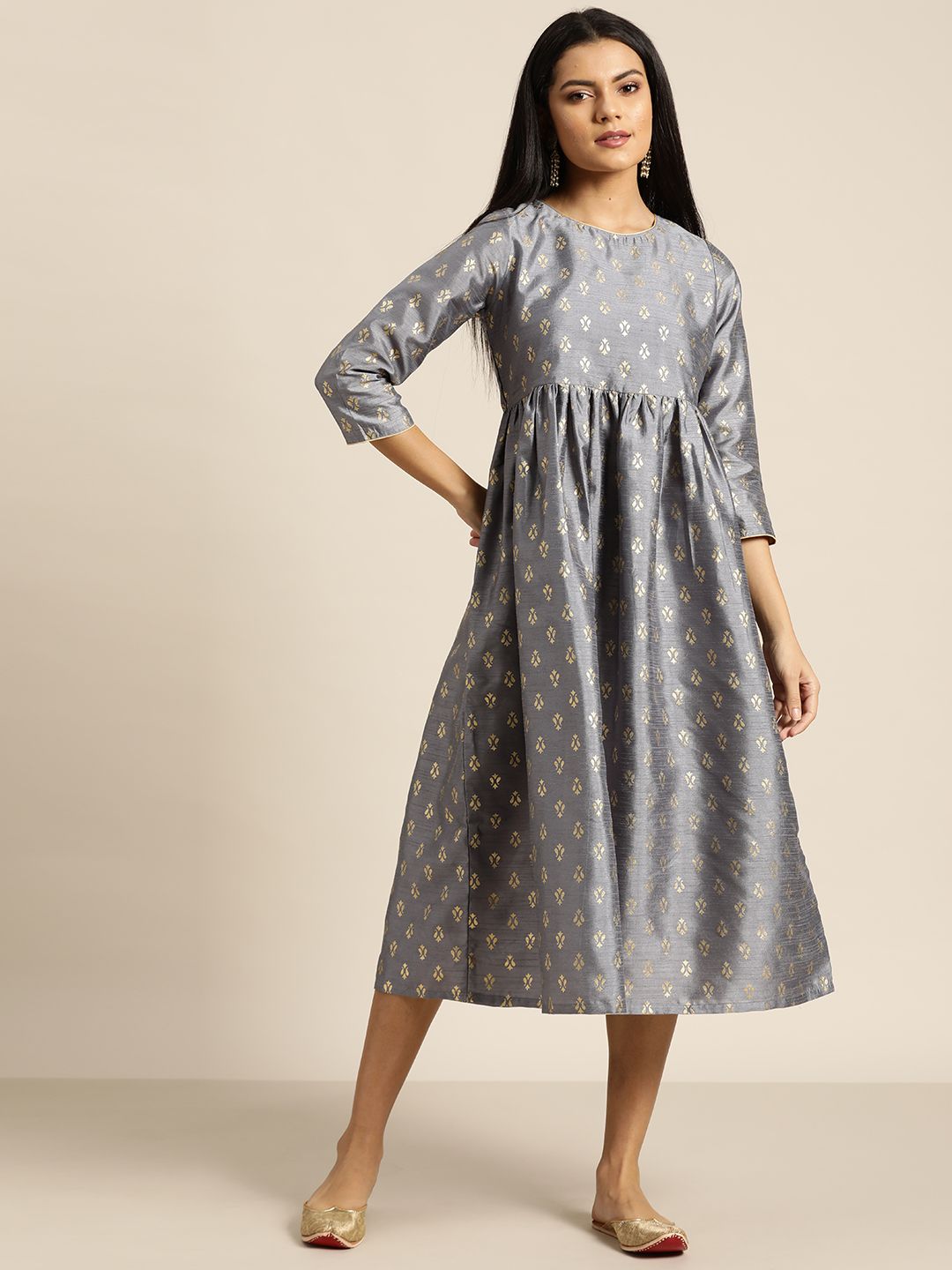 Shae by SASSAFRAS Grey & Golden Ethnic Print A-Line Midi Dress Price in India