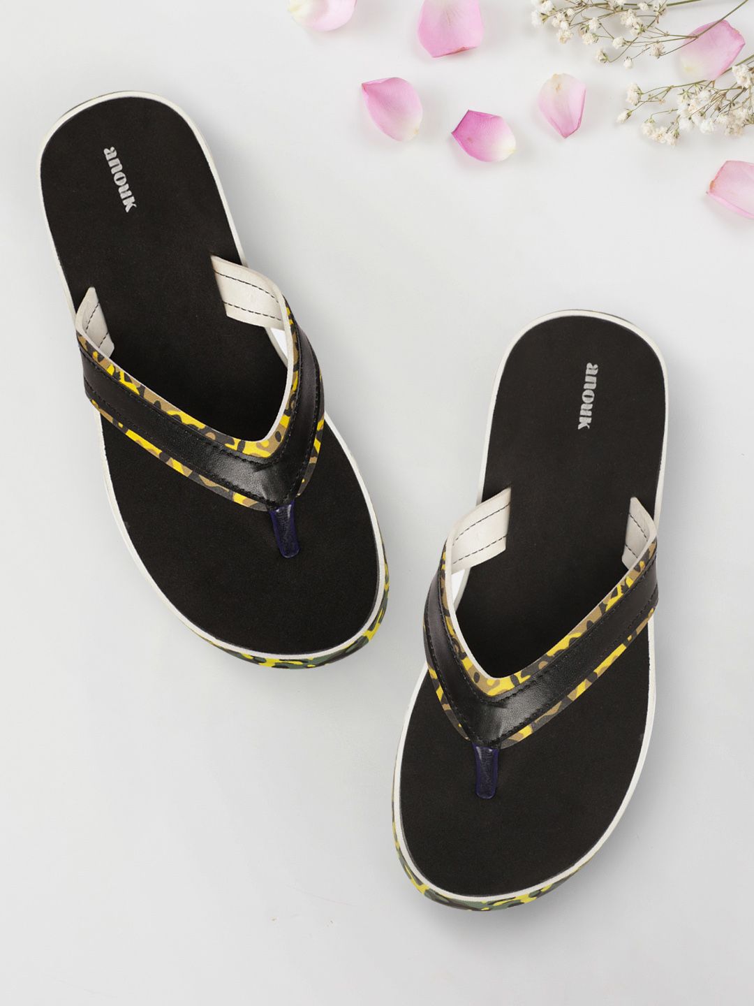 Anouk Women Black & Yellow Striped Thong Flip-Flops with Printed Detail Price in India