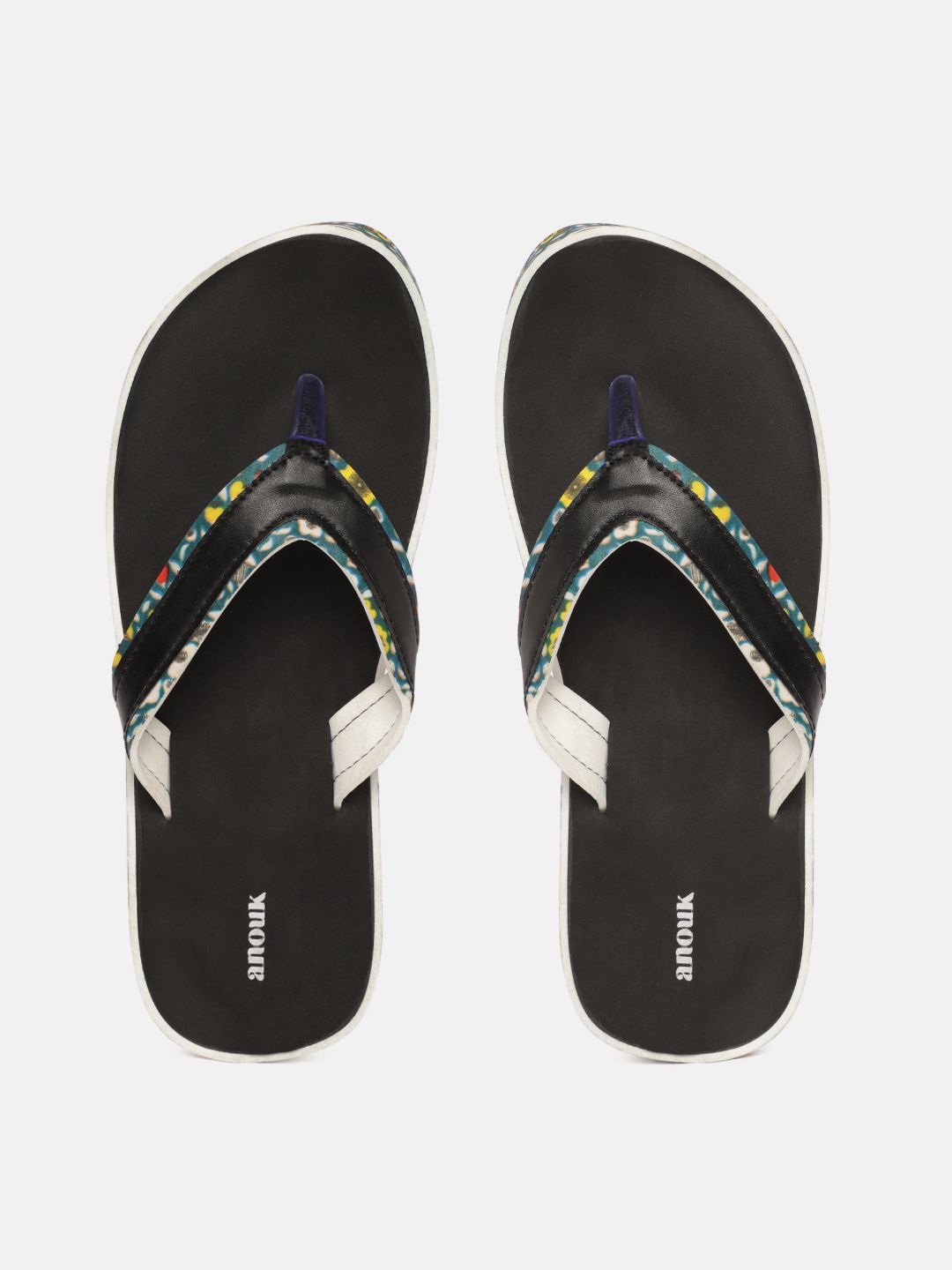 Anouk Women Black & Teal Blue Striped Thong Flip-Flops with Printed Detail Price in India