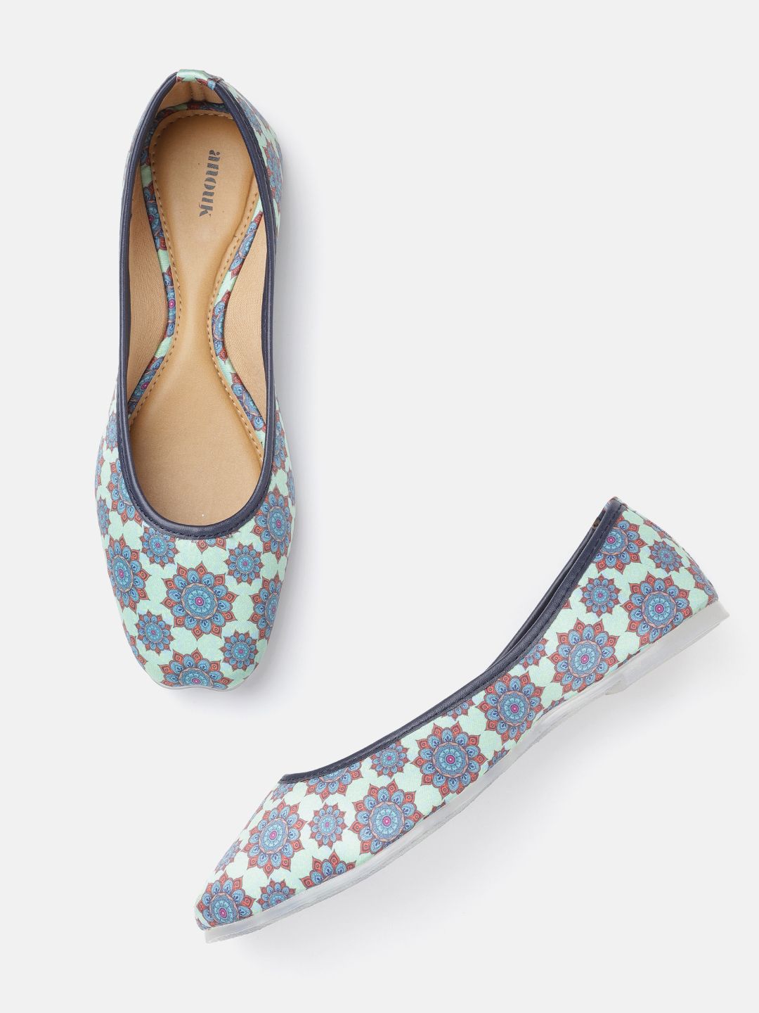 Anouk Women Teal Blue & Yellow Ethnic Motifs Print Handcrafted Ballerinas Price in India