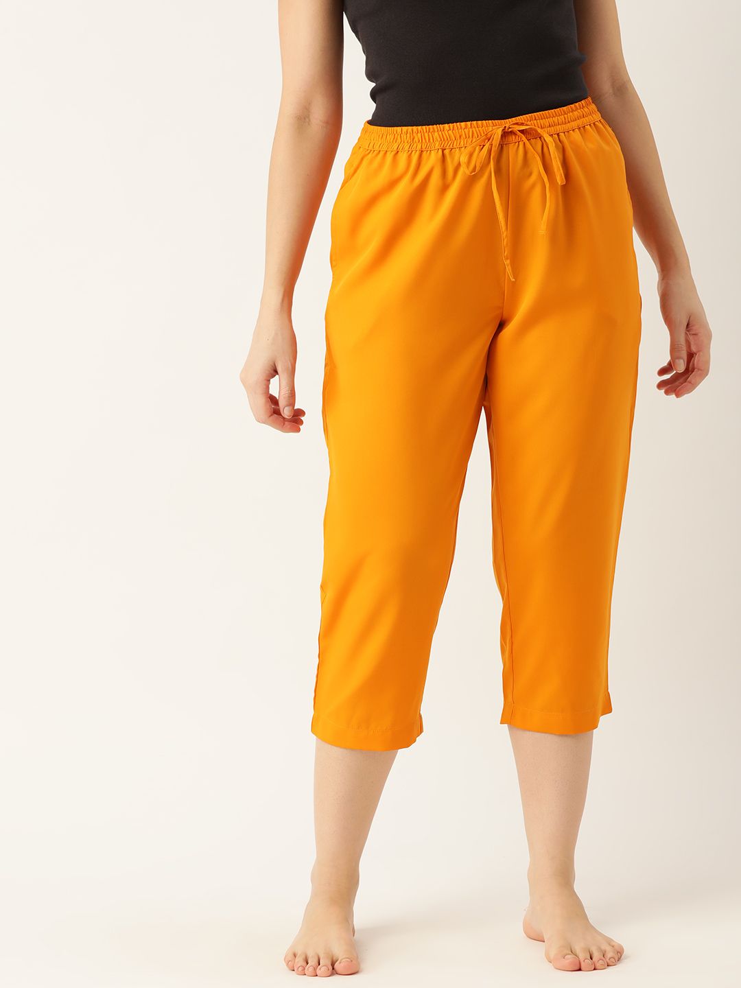 ETC Women Mustard Yellow Solid Lounge Capris Price in India