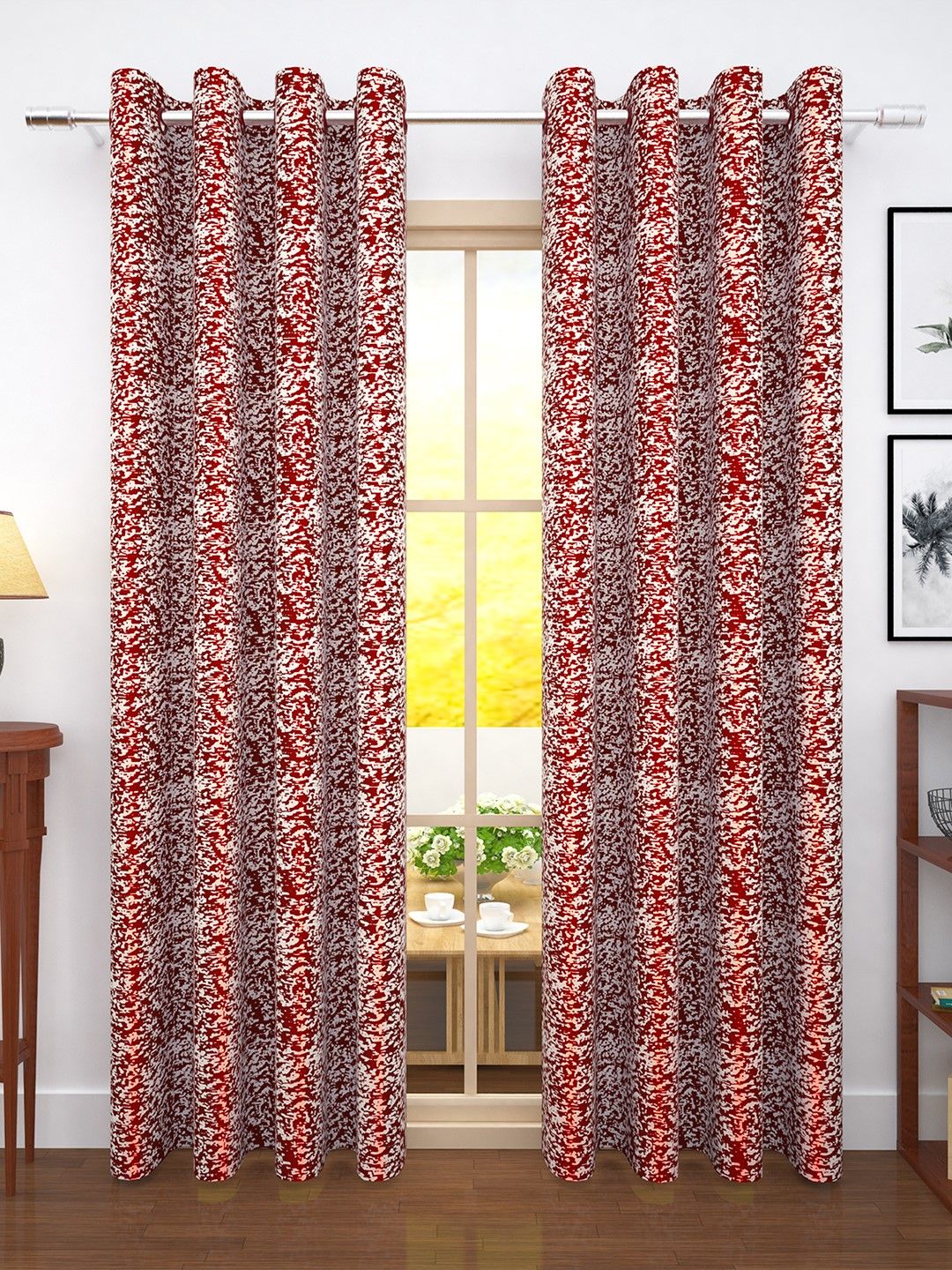 Story@home Red Set of 2 300GSM Semi Blackout Jacquard Eyelet Ringtop Door Curtains Price in India