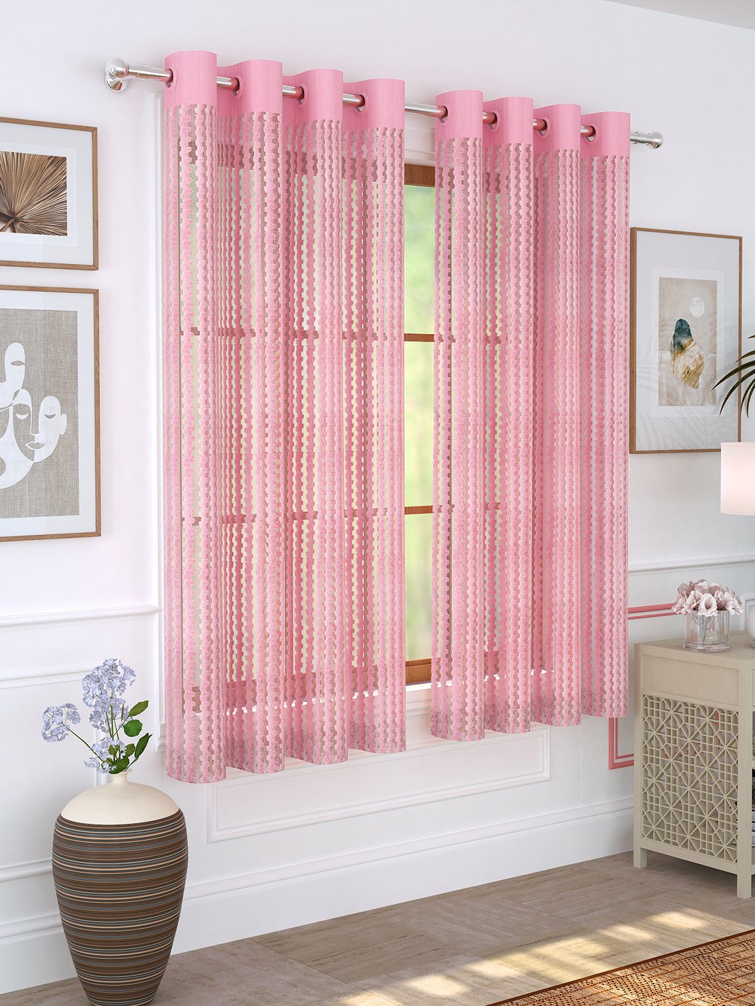 Story@home Pink Set of 2 Sheer Window Curtains Price in India