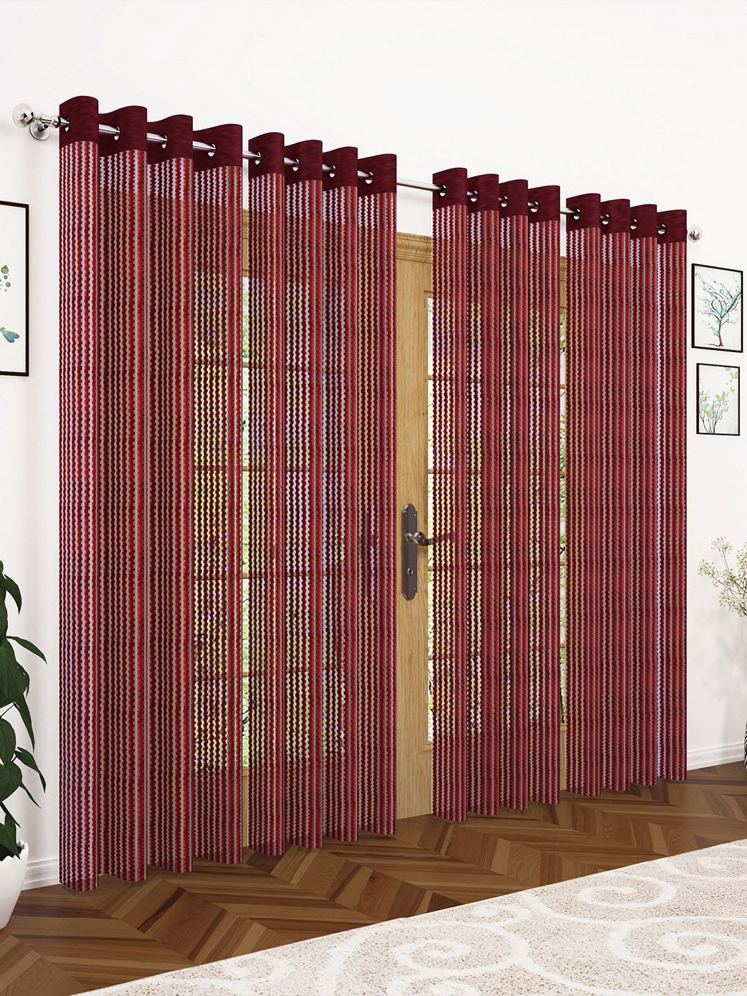 Story@home Set Of 4 Burgundy 200GSM Sheer Semi Long Door Curtains Price in India