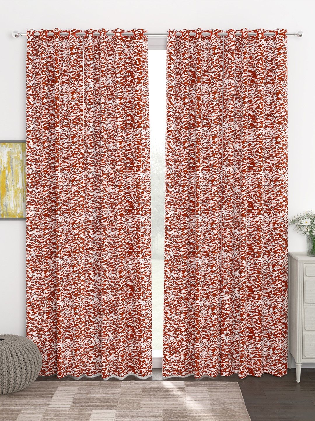 Story@home Maroon & White Set of 4 300GSM Semi Blackout Jacquard Eyelet Ringtop Door Curtains Price in India