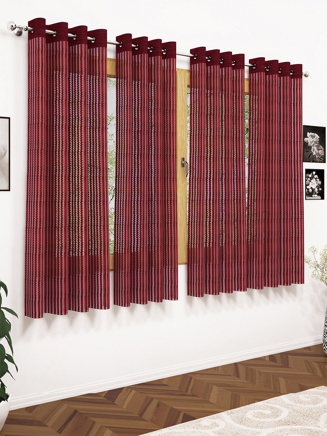 Story@home Burgundy Set of 4 200GSM Sheer Semi Window Curtains Price in India