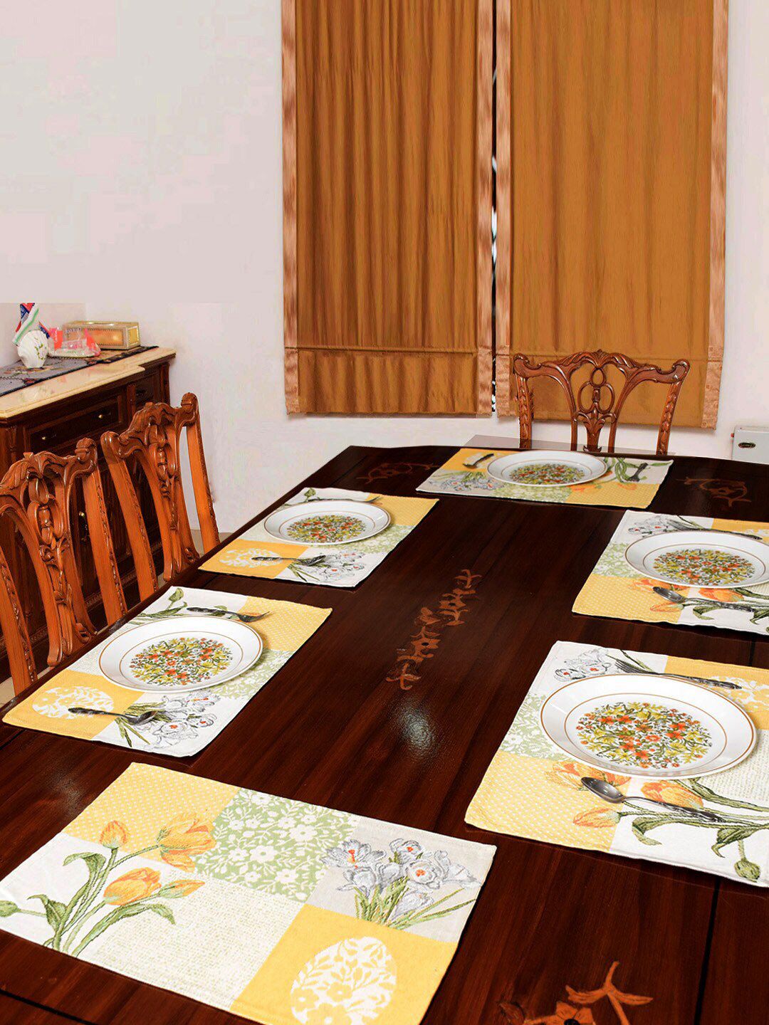 AVI Living Set Of 6 Yellow & White Floral Jaquard Woven Rectangle Table Placemats Price in India