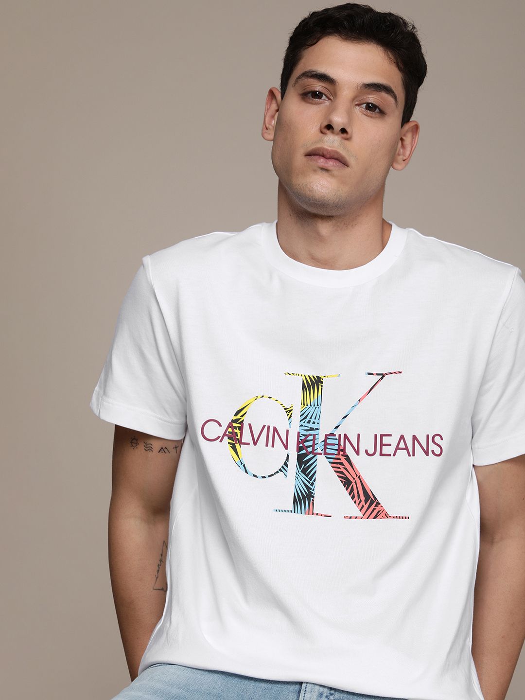 Calvin Klein Jeans Men White Brand Logo Printed T-shirt