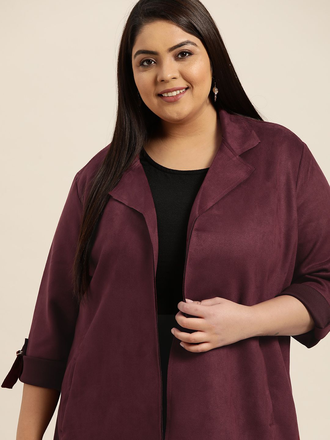 Sztori Women Plus Size Burgundy Solid Tailored Jacket Price in India