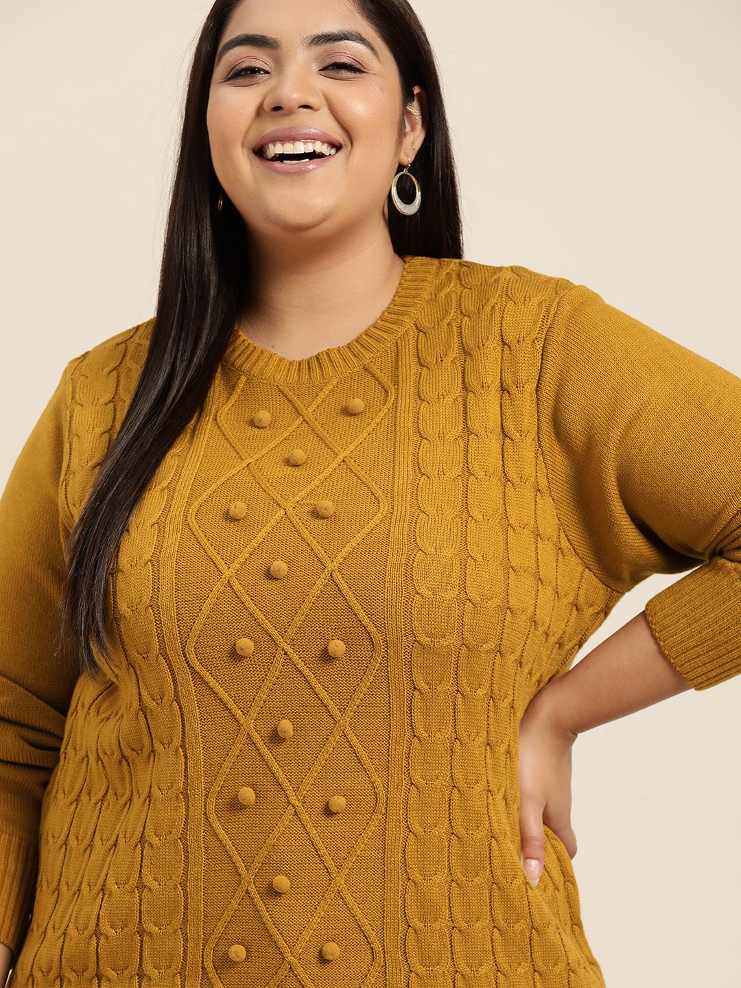 Sztori Women Plus Size Mustard Brown Cable Knit Pullover Price in India