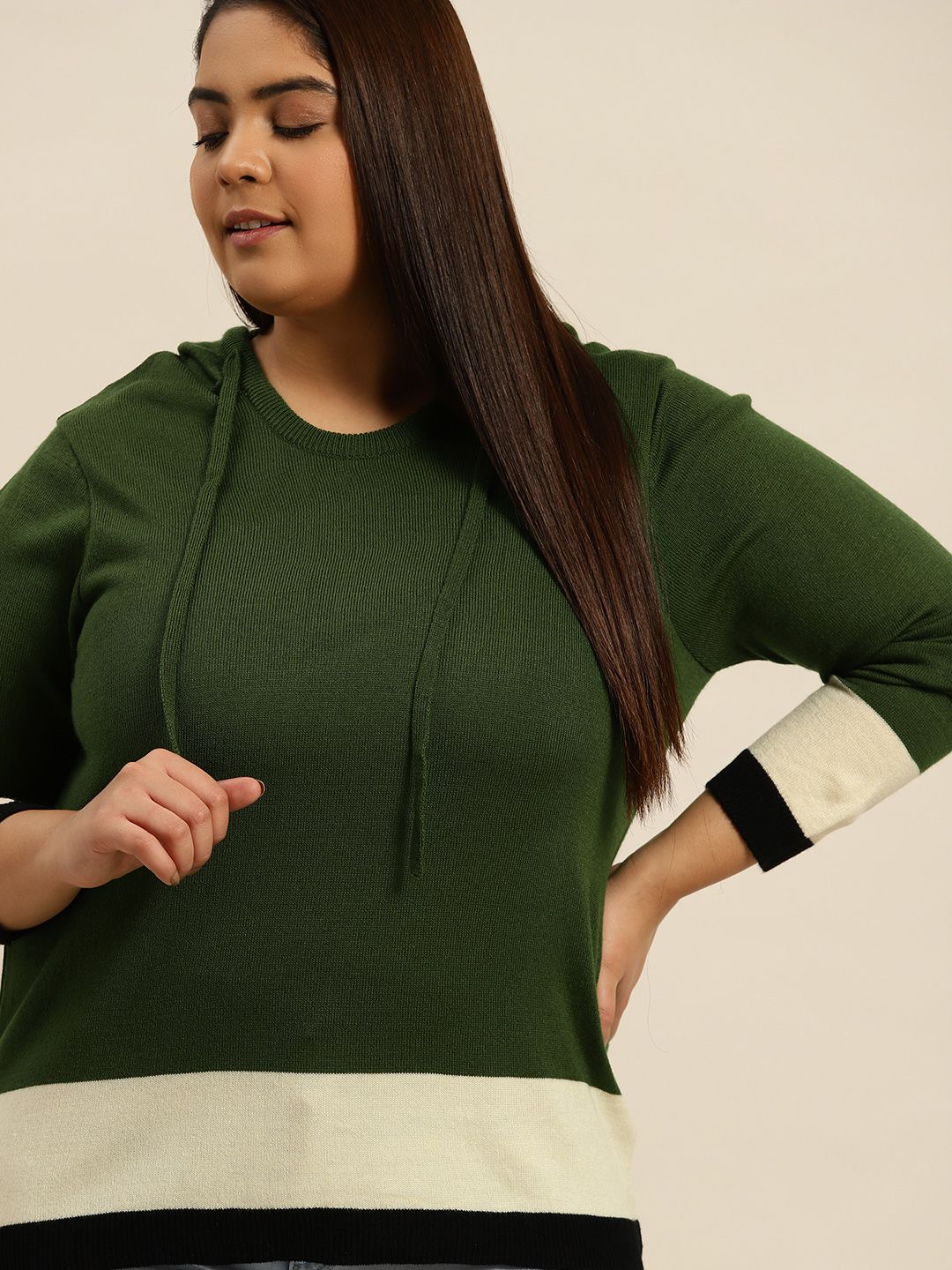 Sztori Women Plus Size Green Colourblocked Hooded Pullover Price in India