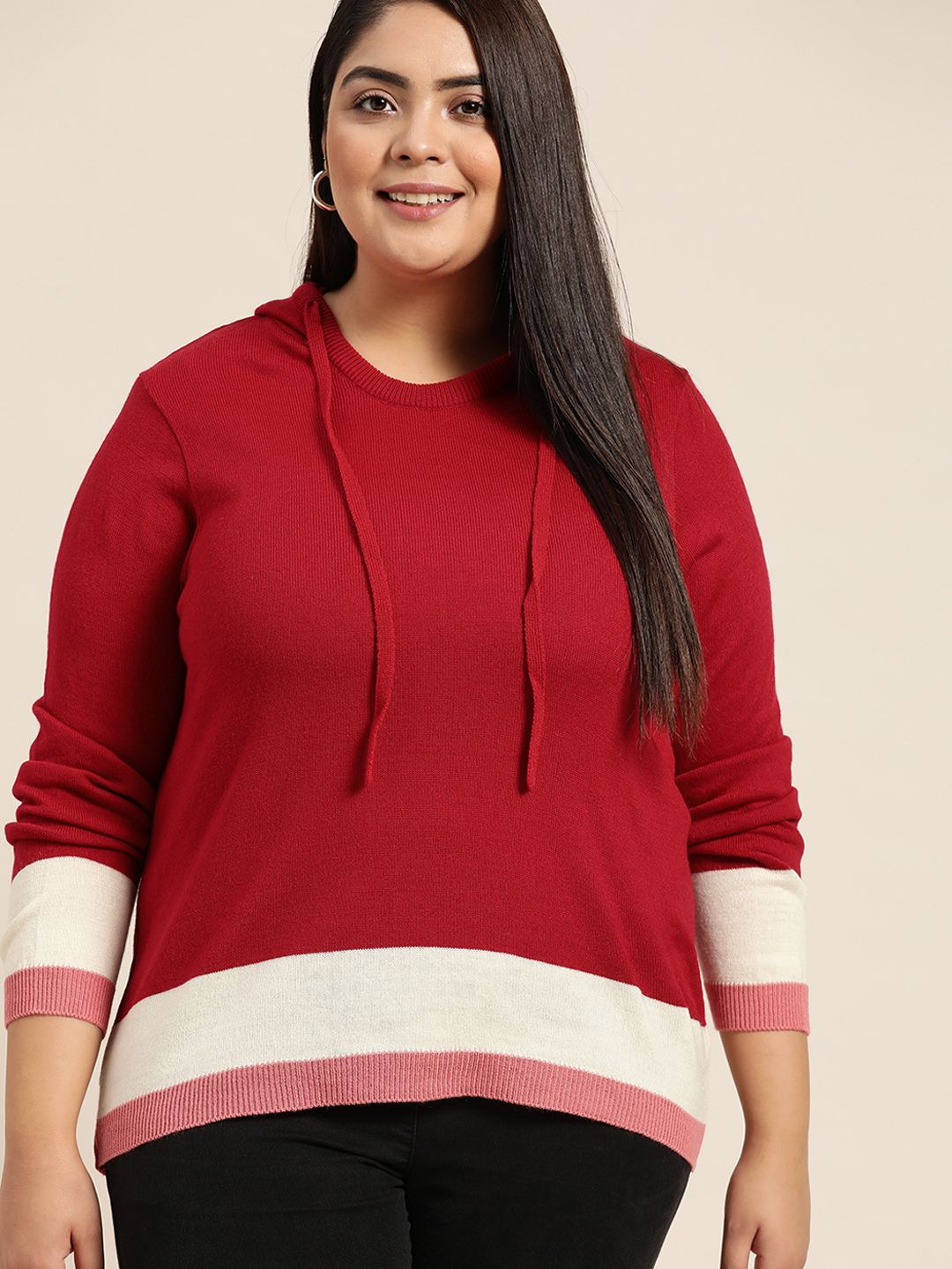 Sztori Women Plus Size Red & Cream Hooded Pullover Price in India