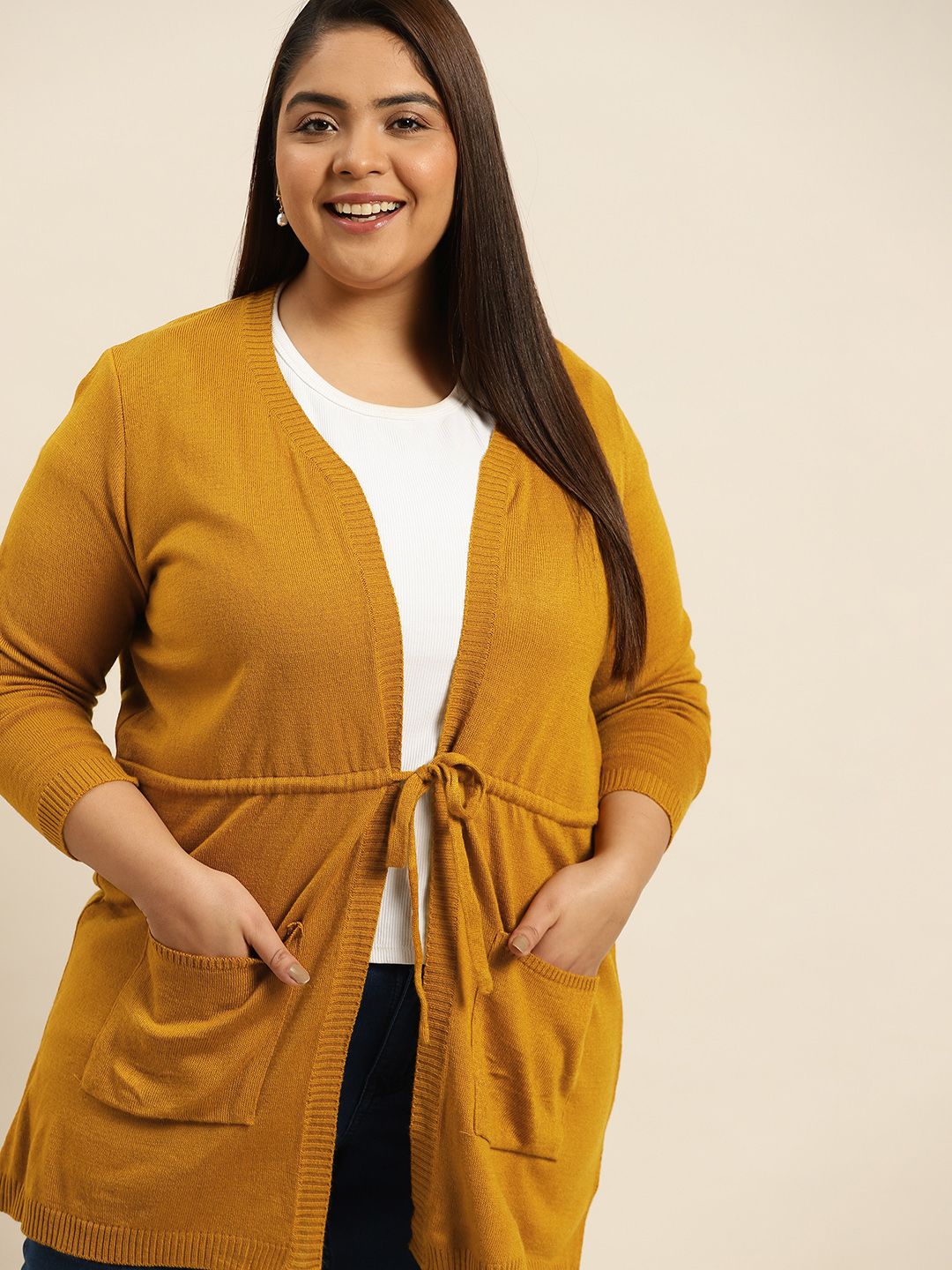 Sztori Women Plus Size Mustard Yellow Solid Longline Front-Open Sweater Price in India