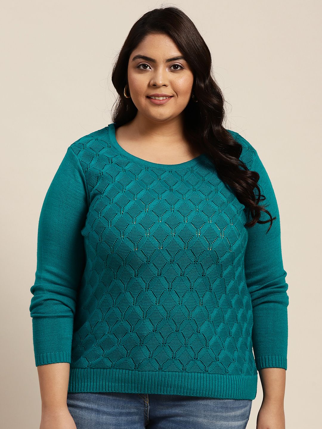 Sztori Women Plus Size Teal Green Eyelet Open Knit Pullover Price in India