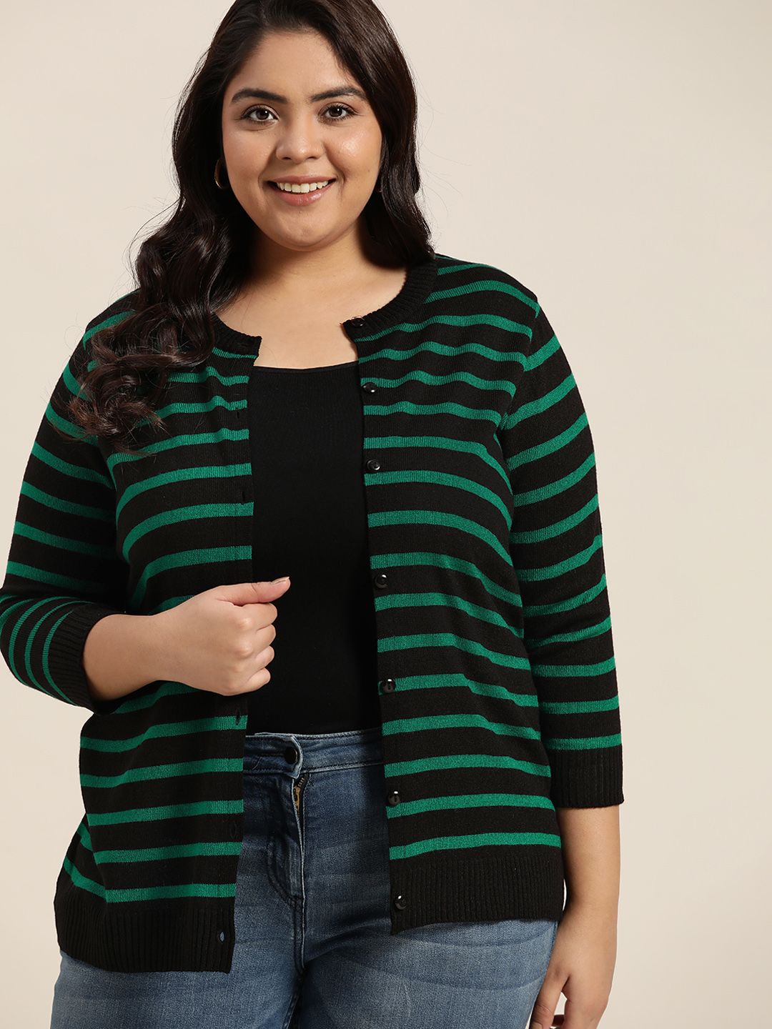 Sztori Women Plus Size Black & Green Striped Cardigan Price in India