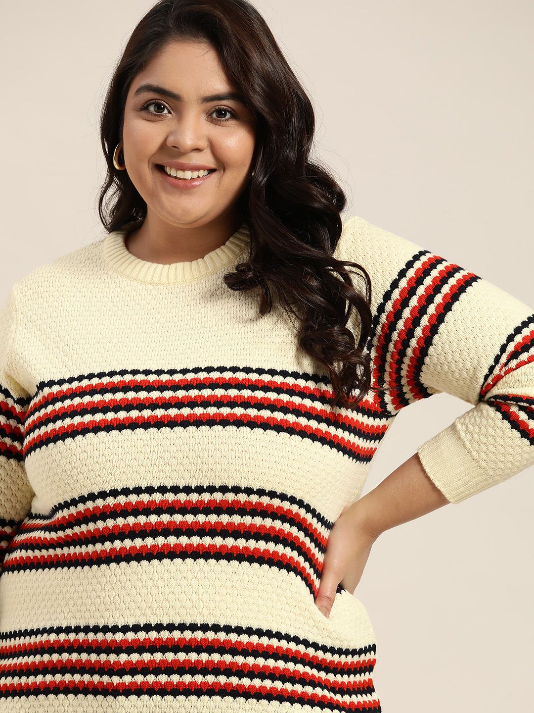 Sztori Women Plus Size Cream-Coloured & Red Striped Pattern Knit Pullover Price in India