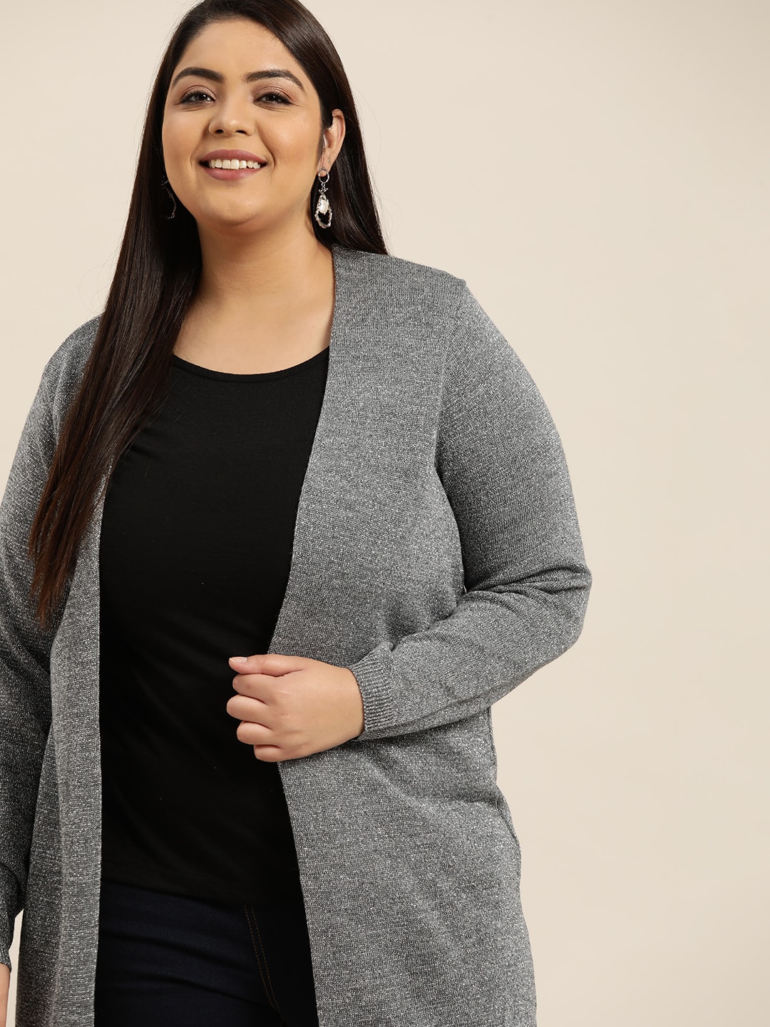 Sztori Women Plus Size Grey Melange Solid Front-Open Sweater with Glitter Details Price in India