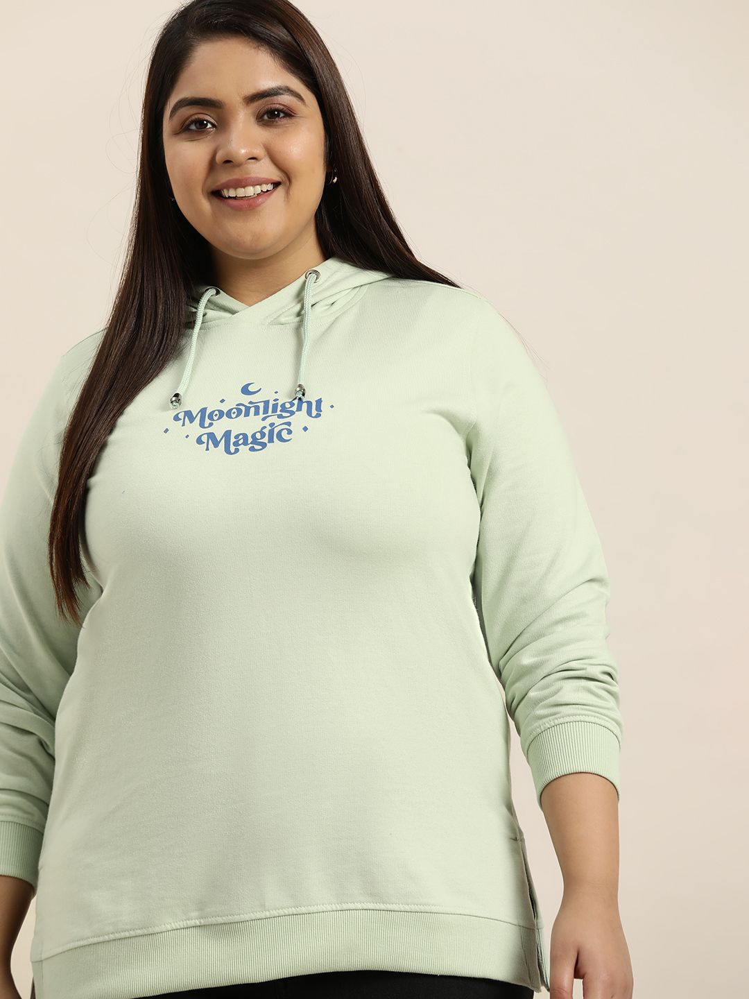 Sztori Women Plus Size Green Printed Detail Hooded Sweatshirt Price in India